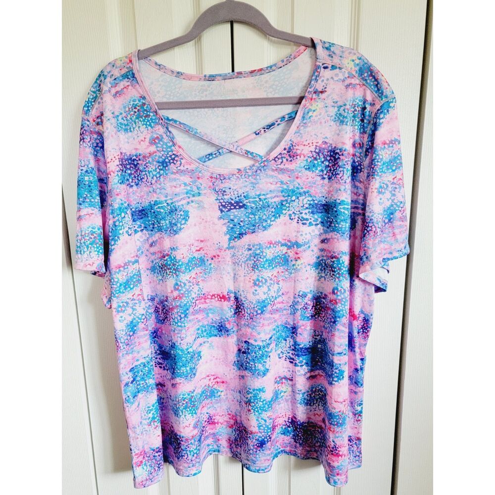 Reel Legends 3X T-Shirt Womens Pink Blue‎ Performance Pullover Cross Neck